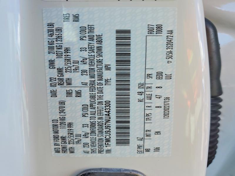 66403186 :رقم المزاد ، 1FMCU9J97NUA43300 vin ، 2022 Ford Escape مزاد بيع