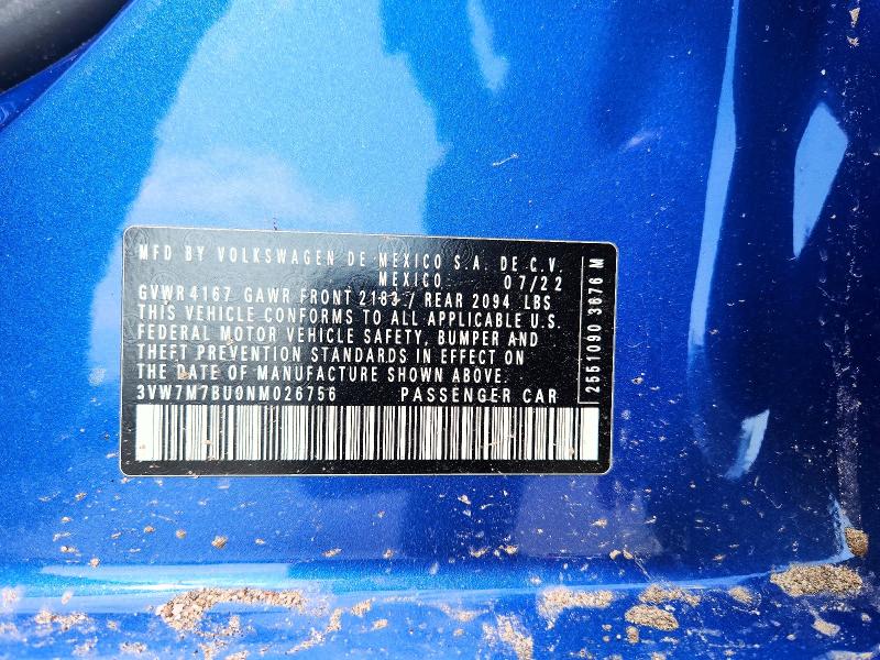 Aukcja sprzedaży 2022 Volkswagen Jetta, vin: 3VW7M7BU0NM026756, numer aukcji: 64297436
