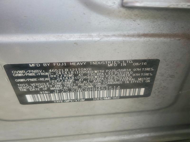 64214016 :رقم المزاد ، JF2SJGWC6HH451514 vin ، 2017 Subaru Forester مزاد بيع
