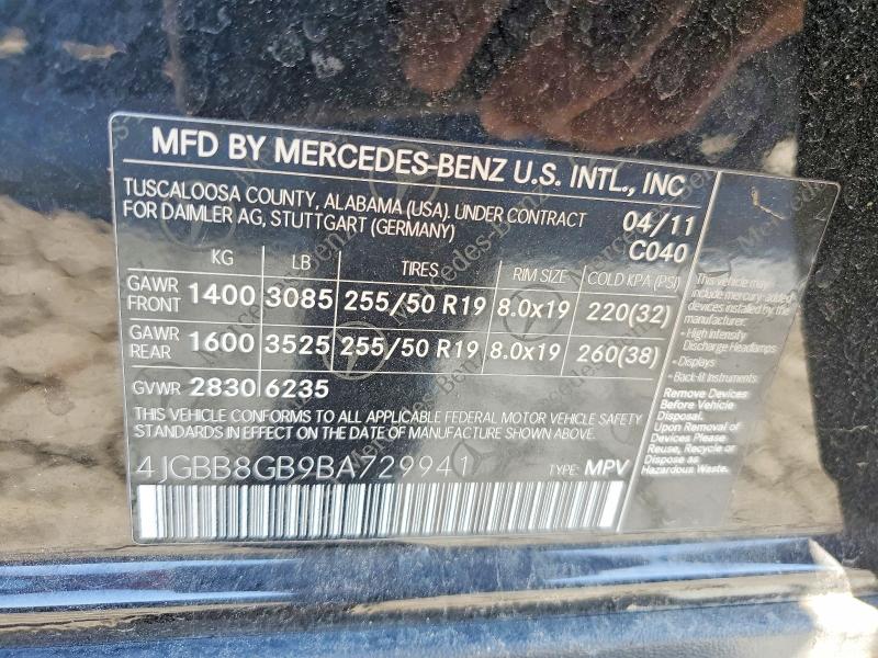 Aukcja sprzedaży 2011 Mercedes-benz Ml, vin: 4JGBB8GB9BA729941, numer aukcji: 65512356