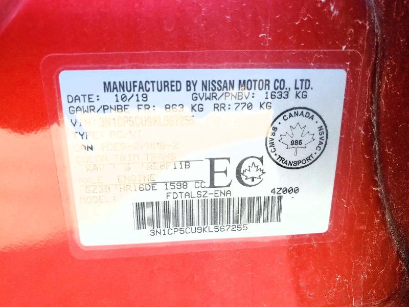 65802556 :رقم المزاد ، 3N1CP5CU9KL567255 vin ، 2019 Nissan Kicks مزاد بيع