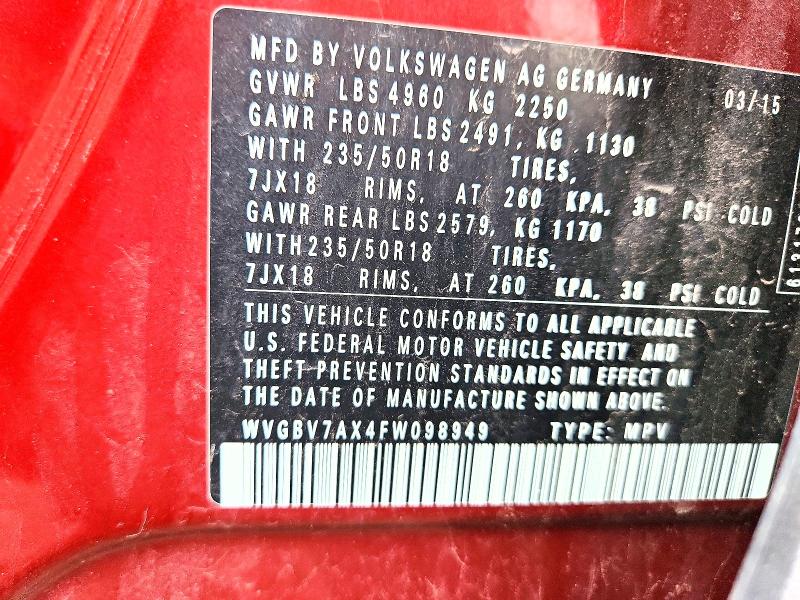 63878656 :رقم المزاد ، WVGBV7AX4FW098949 vin ، 2015 Volkswagen Tiguan مزاد بيع