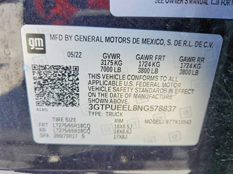 67075176 :رقم المزاد ، 3GTPUEEL8NG578837 vin ، 2022 Gmc Sierra مزاد بيع