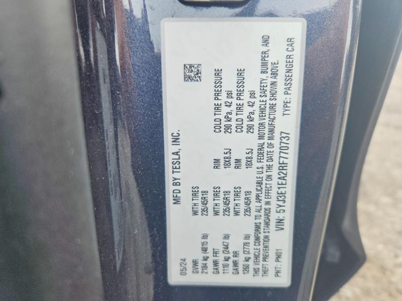 66442176 :رقم المزاد ، 5YJ3E1EA2RF770737 vin ، 2024 Tesla Model 3 مزاد بيع