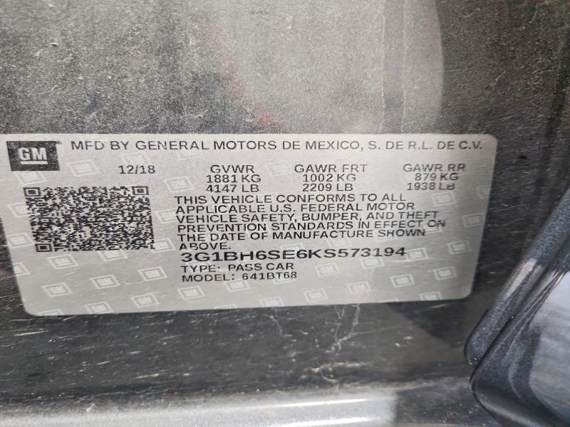 64750046 :رقم المزاد ، 3G1BH6SE6KS573194 vin ، 2019 Chevrolet Cruze مزاد بيع