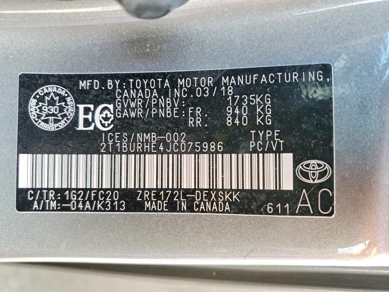 Продажа на аукционе авто 2018 Toyota Corolla, vin: 2T1BURHE4JC075986, номер лота: 65893816
