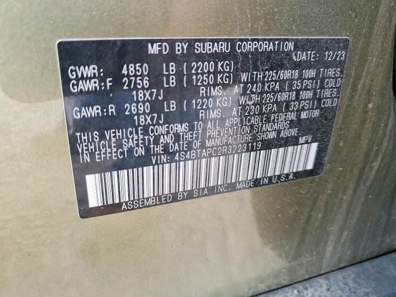 Продажа на аукционе авто 2024 Subaru Outback, vin: 4S4BTAPC2R3223119, номер лота: 63734076