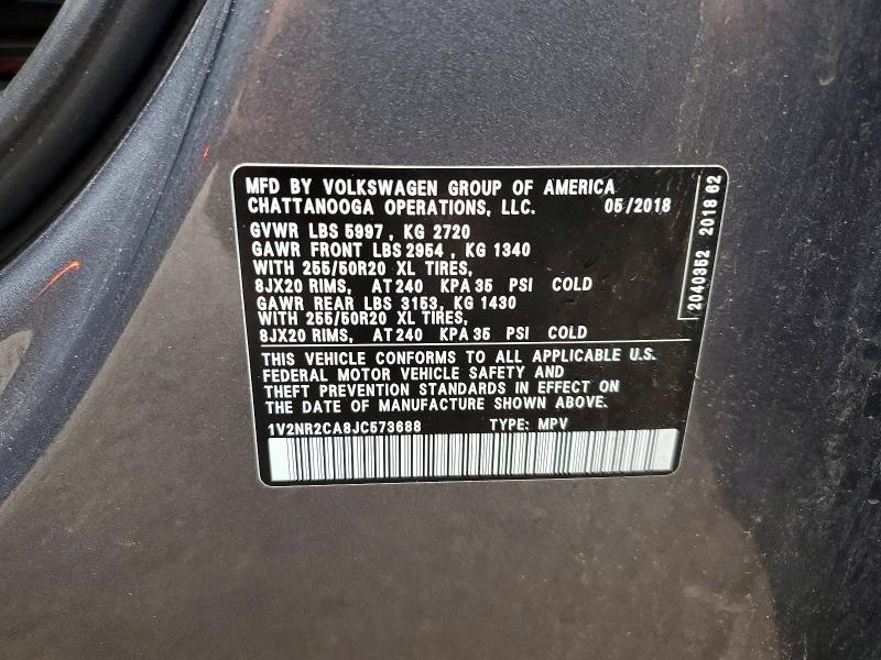 65018116 :رقم المزاد ، 1V2NR2CA8JC573688 vin ، 2018 Volkswagen Atlas مزاد بيع