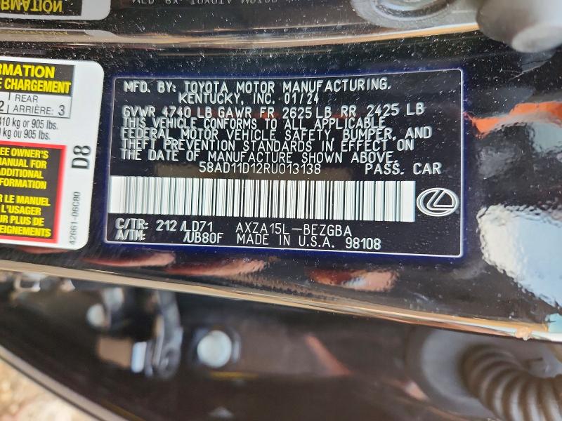 64919106 :رقم المزاد ، 58AD11D12RU013138 vin ، 2024 Lexus Es 250 مزاد بيع