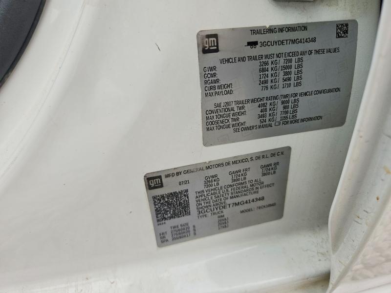 Aukcja sprzedaży 2021 Chevrolet Silverado, vin: 3GCUYDET7MG414348, numer aukcji: 66440846