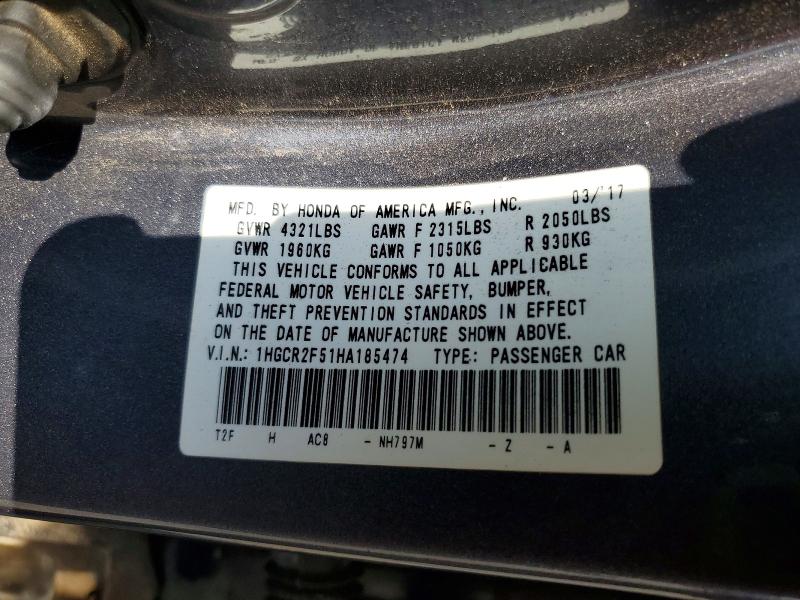 Продаж на аукціоні авто 2017 Honda Accord, vin: 1HGCR2F51HA185474, номер лоту: 65557726