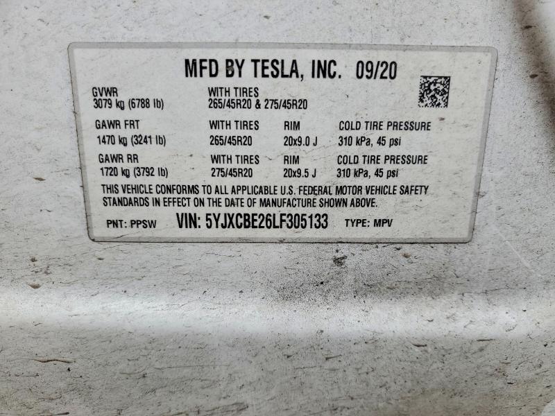 65403666 :رقم المزاد ، 5YJXCBE26LF305133 vin ، 2020 Tesla Model X مزاد بيع