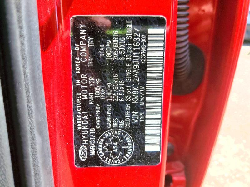 61219806 :رقم المزاد ، KM8K12AA9JU116327 vin ، 2018 Hyundai Kona مزاد بيع