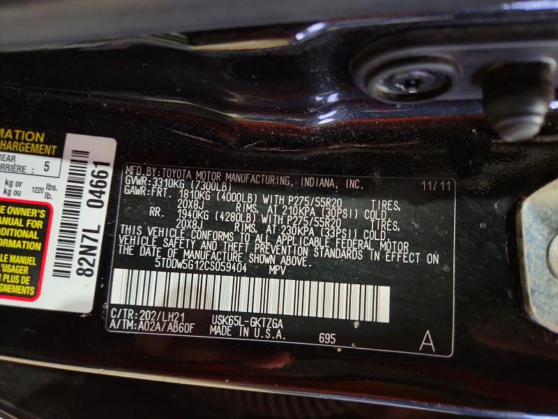 2012 Toyota Sequoia მანქანა იყიდება აუქციონზე, vin: 5TDDW5G12CS059404, აუქციონის ნომერი: 65107816