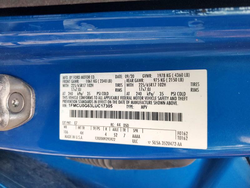 2020 Ford Escape მანქანა იყიდება აუქციონზე, vin: 1FMCU0G63LUC17305, აუქციონის ნომერი: 64619676
