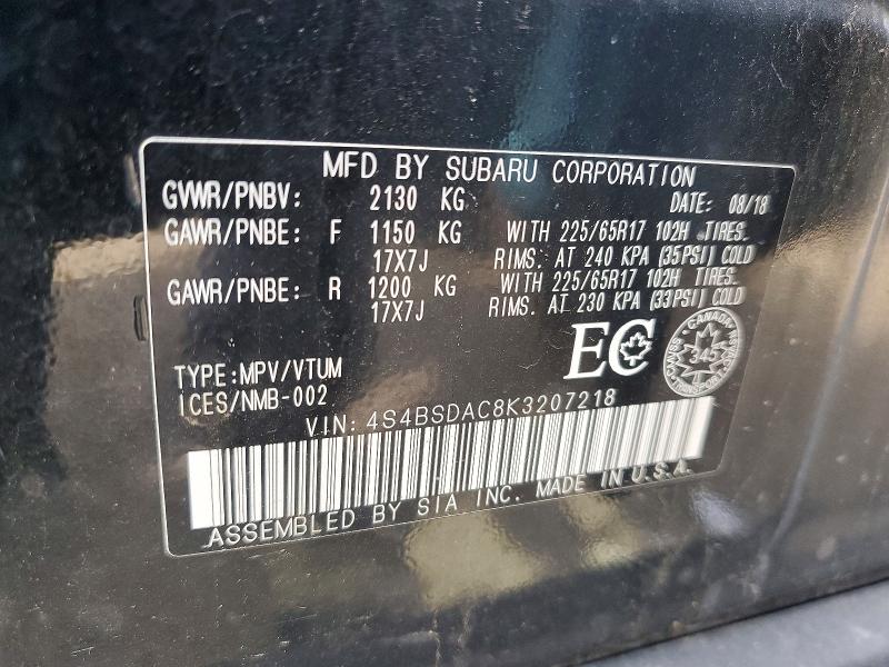 Продаж на аукціоні авто 2019 Subaru Outback, vin: 4S4BSDAC8K3207218, номер лоту: 66030266