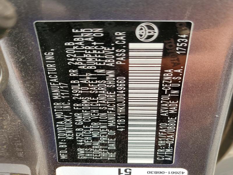 60954976 :رقم المزاد ، 4T1B11HK0JU049660 vin ، 2018 Toyota Camry مزاد بيع
