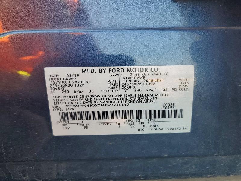 66258036 :رقم المزاد ، 2FMPK4K97KBC20387 vin ، 2019 Ford Edge مزاد بيع