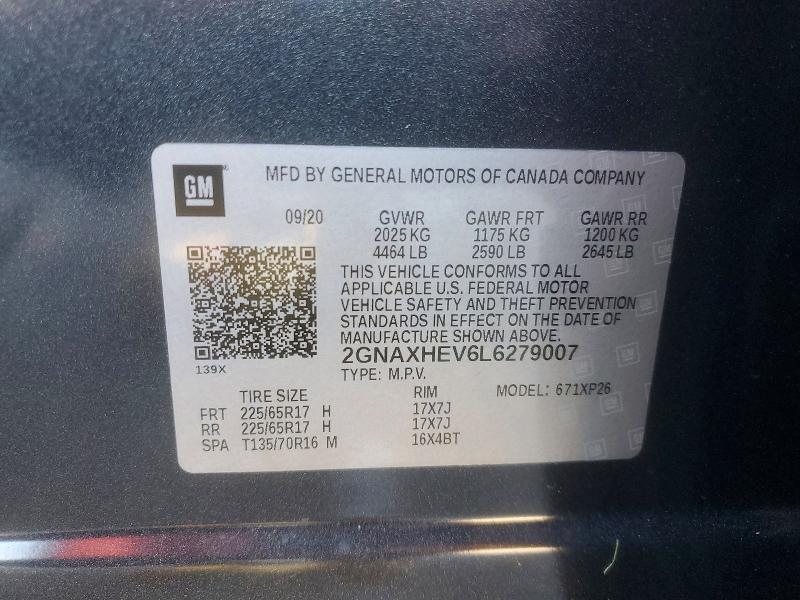 2020 Chevrolet Equinox მანქანა იყიდება აუქციონზე, vin: 2GNAXHEV6L6279007, აუქციონის ნომერი: 64772056