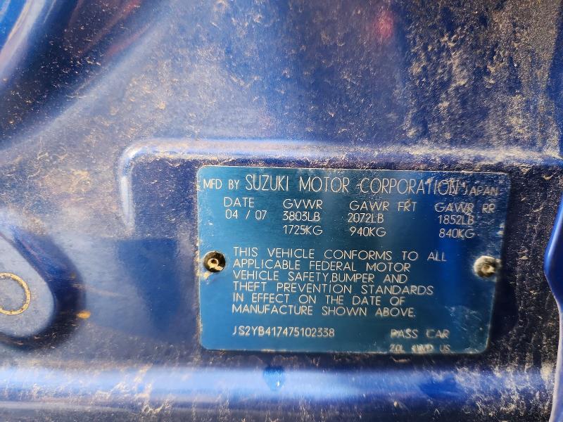 2007 Suzuki Sx4 მანქანა იყიდება აუქციონზე, vin: JS2YB417475102338, აუქციონის ნომერი: 64999626