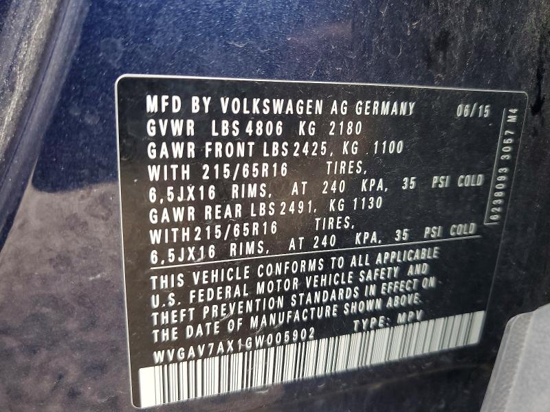 Aukcja sprzedaży 2016 Volkswagen Tiguan, vin: WVGAV7AX1GW005902, numer aukcji: 63921896