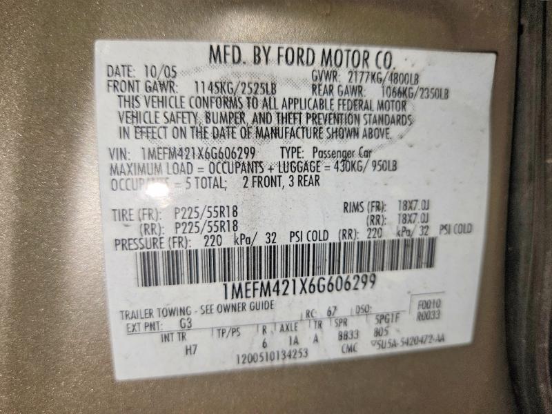 Продажа на аукционе авто 2006 Mercury Montego, vin: 1MEFM421X6G606299, номер лота: 64208796