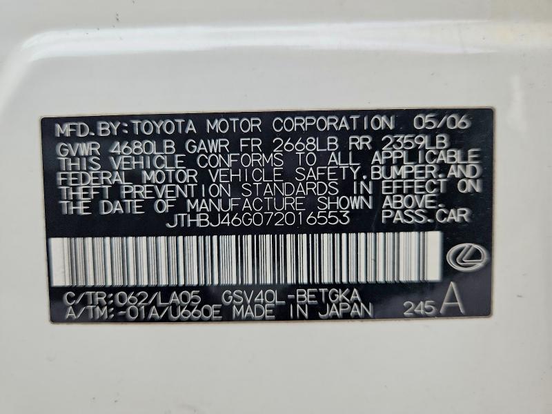 Aukcja sprzedaży 2007 Lexus Es, vin: JTHBJ46G072016553, numer aukcji: 65378116