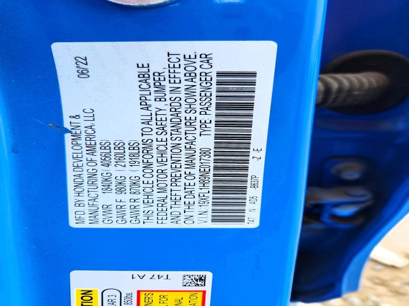 64588286 :رقم المزاد ، 19XFL1H89NE017380 vin ، 2022 Honda Civic مزاد بيع