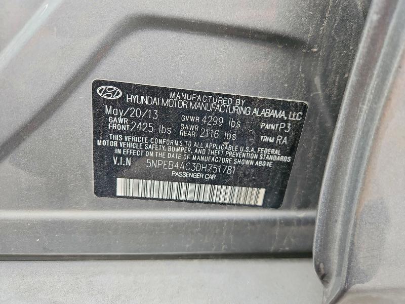 65524866 :رقم المزاد ، 5NPEB4AC3DH751781 vin ، 2013 Hyundai Sonata مزاد بيع