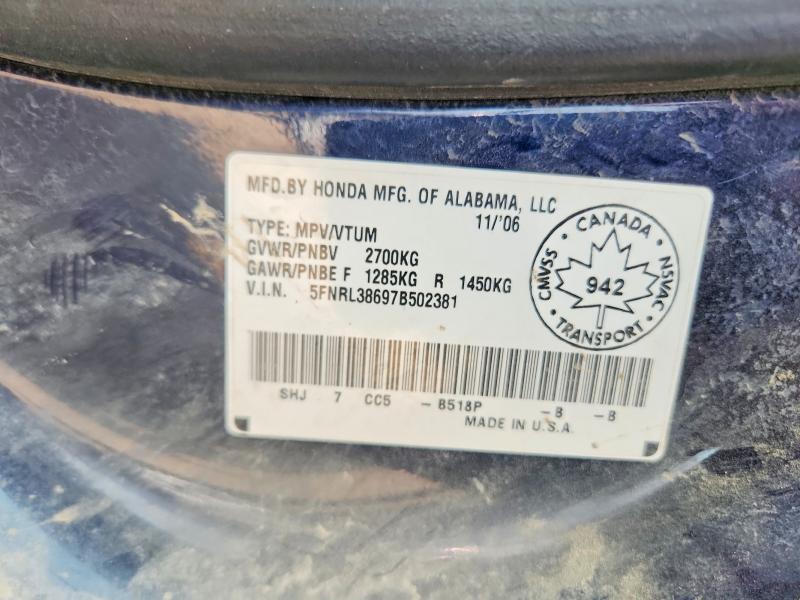 Продаж на аукціоні авто 2007 Honda Odyssey, vin: 5FNRL38697B502381, номер лоту: 63561856