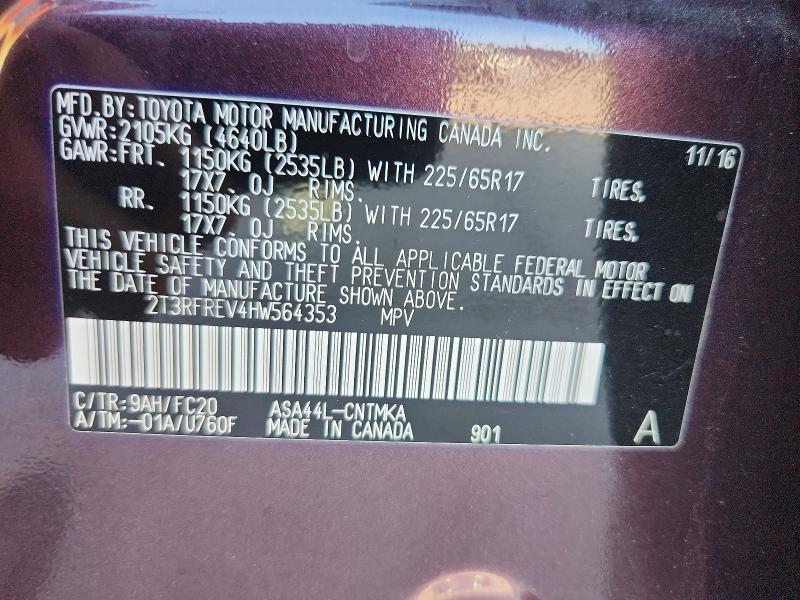 64929706 :رقم المزاد ، 2T3RFREV4HW564353 vin ، 2017 Toyota Rav4 مزاد بيع