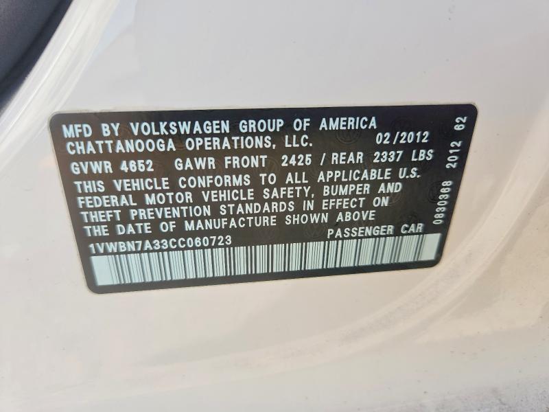 65539386 :رقم المزاد ، 1VWBN7A33CC060723 vin ، 2012 Volkswagen Passat مزاد بيع