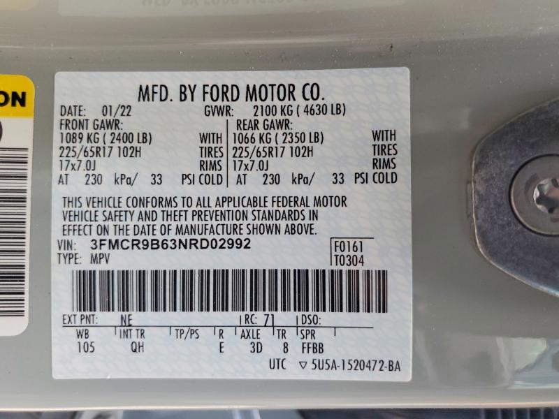 2022 Ford Bronco Sport მანქანა იყიდება აუქციონზე, vin: 3FMCR9B63NRD02992, აუქციონის ნომერი: 67013446