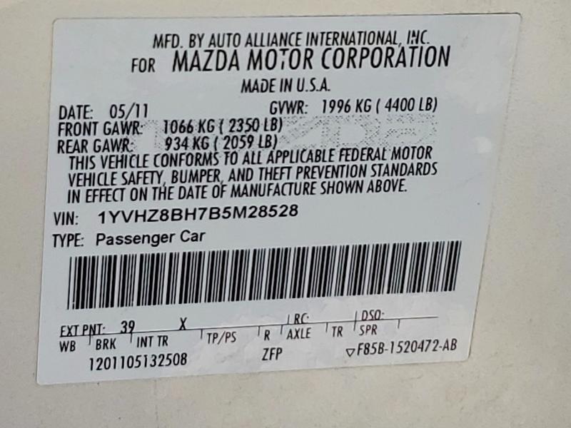 2011 Mazda 6 მანქანა იყიდება აუქციონზე, vin: 1YVHZ8BH7B5M28528, აუქციონის ნომერი: 85625525