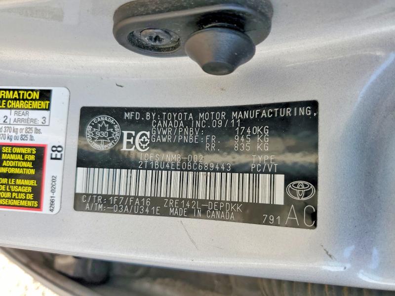 64928596 :رقم المزاد ، 2T1BU4EE0BC689443 vin ، 2011 Toyota Corolla مزاد بيع