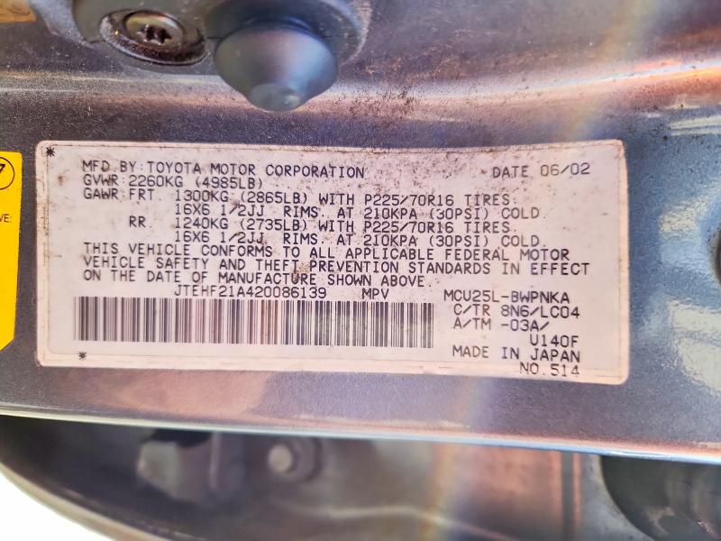 2002 Toyota Highlander მანქანა იყიდება აუქციონზე, vin: JTEHF21A420086139, აუქციონის ნომერი: 64060036