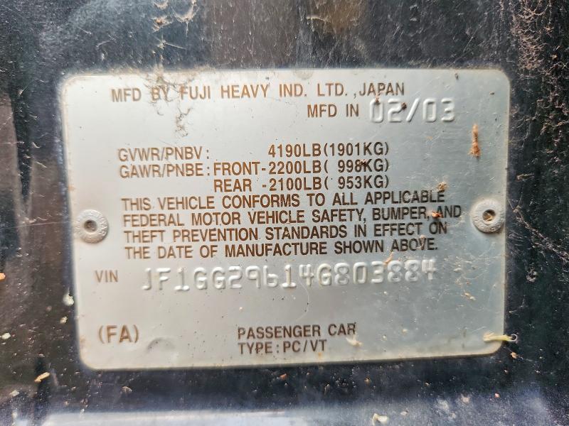 2004 Subaru Impreza მანქანა იყიდება აუქციონზე, vin: JF1GG29614G803884, აუქციონის ნომერი: 65240186