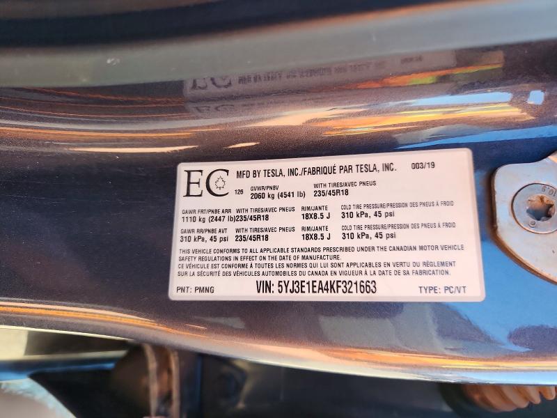 2019 Tesla Model 3 მანქანა იყიდება აუქციონზე, vin: 5YJ3E1EA4KF321663, აუქციონის ნომერი: 62636976