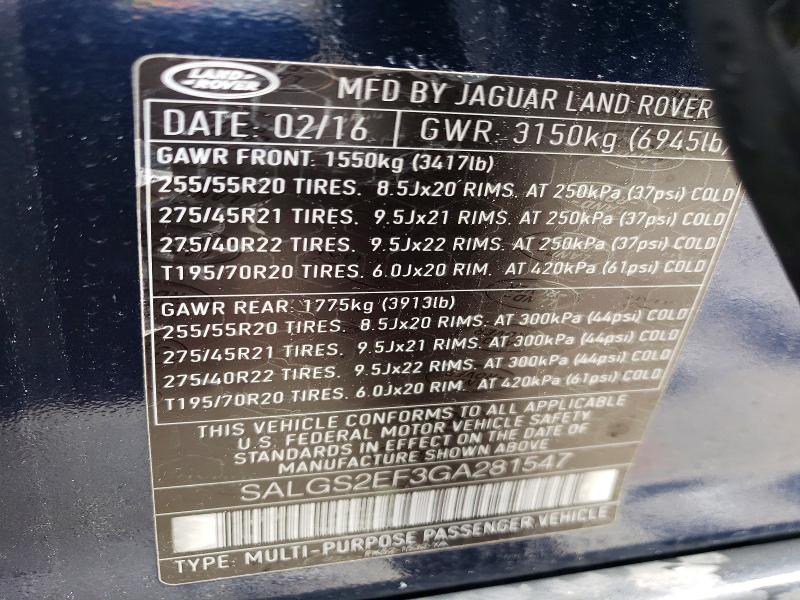 Aukcja sprzedaży 2016 Land Rover Range Rover, vin: SALGS2EF3GA281547, numer aukcji: 62464346
