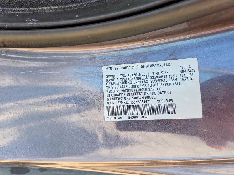 Aukcja sprzedaży 2019 Honda Odyssey, vin: 5FNRL6H56KB024471, numer aukcji: 67126306