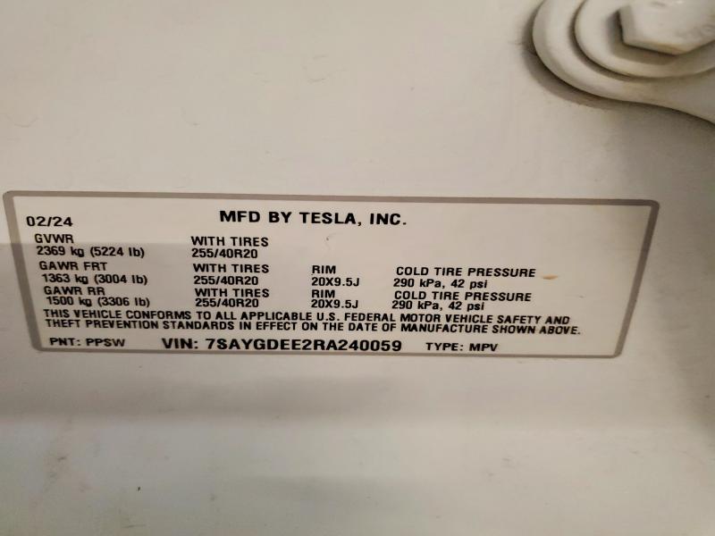 64099086 :رقم المزاد ، 7SAYGDEE2RA240059 vin ، 2024 Tesla Model Y مزاد بيع