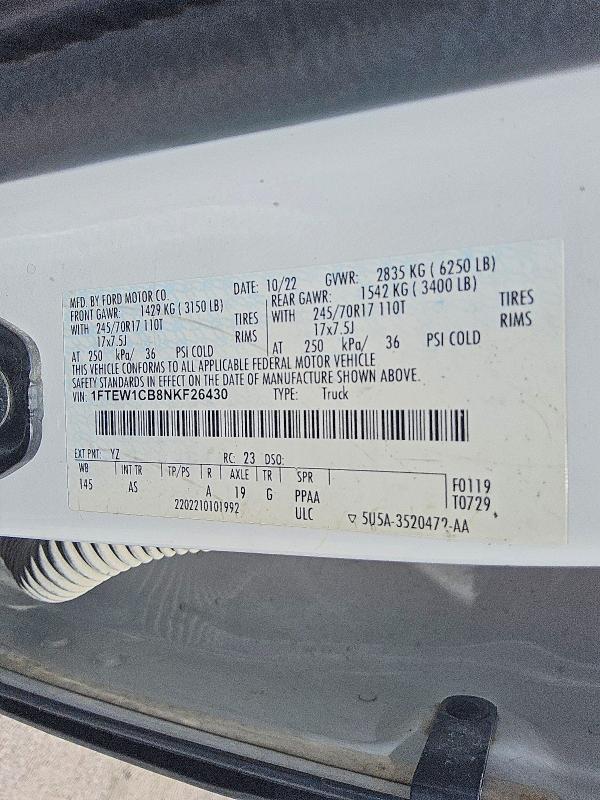 60552776 :رقم المزاد ، 1FTEW1CB8NKF26430 vin ، 2022 Ford F150 مزاد بيع