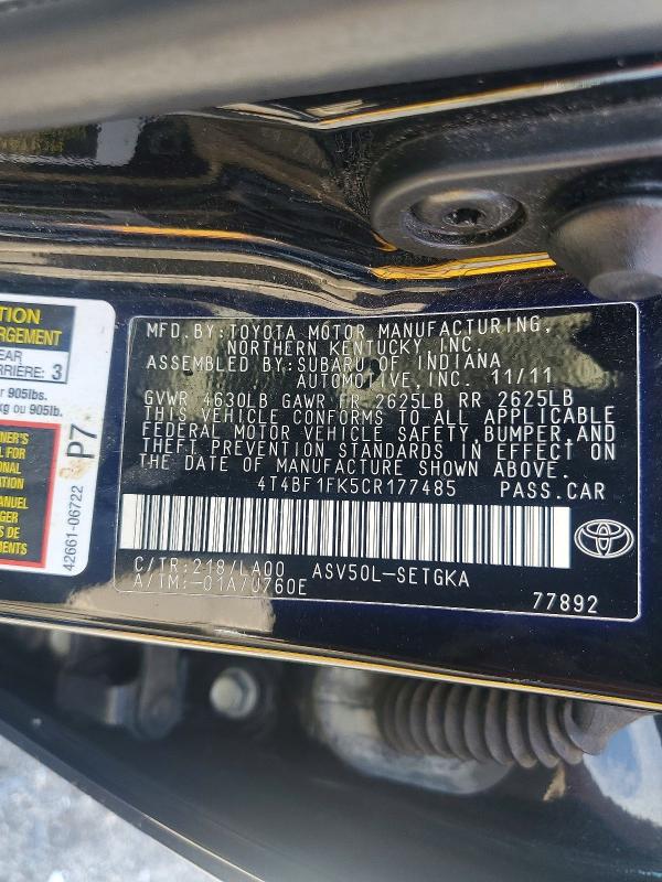 Продажа на аукционе авто 2012 Toyota Camry, vin: 4T4BF1FK5CR177485, номер лота: 63342426