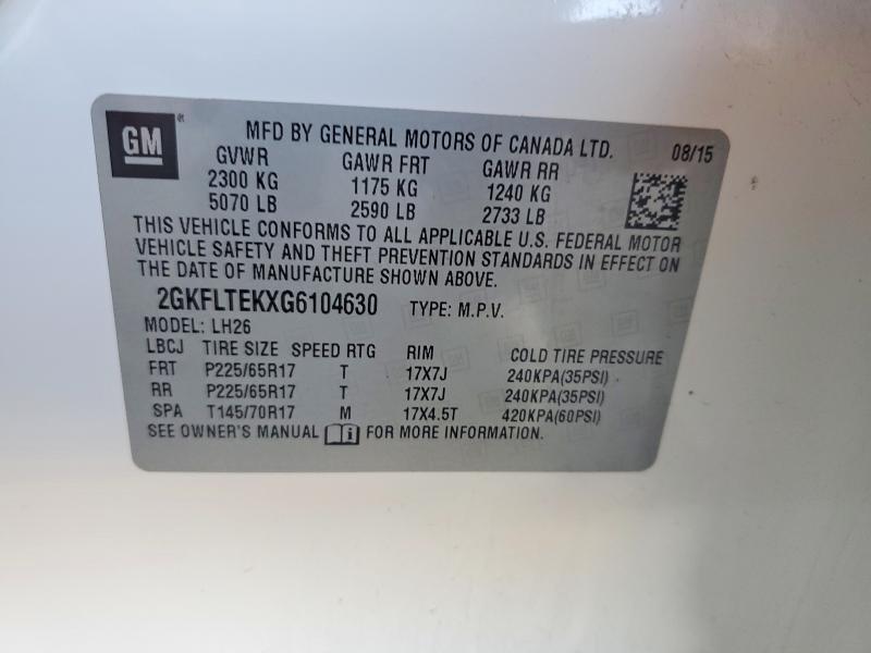 Aukcja sprzedaży 2016 Gmc Terrain, vin: 2GKFLTEKXG6104630, numer aukcji: 41815696