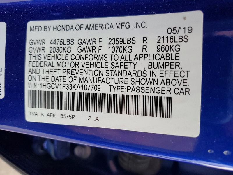 Auction sale of the 2019 Honda Accord, vin: 1HGCV1F33KA107709, lot number: 65606346