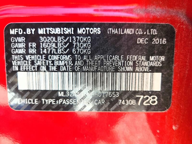 2017 Mitsubishi Mirage მანქანა იყიდება აუქციონზე, vin: ML32A4HJ4HH017653, აუქციონის ნომერი: 66317866