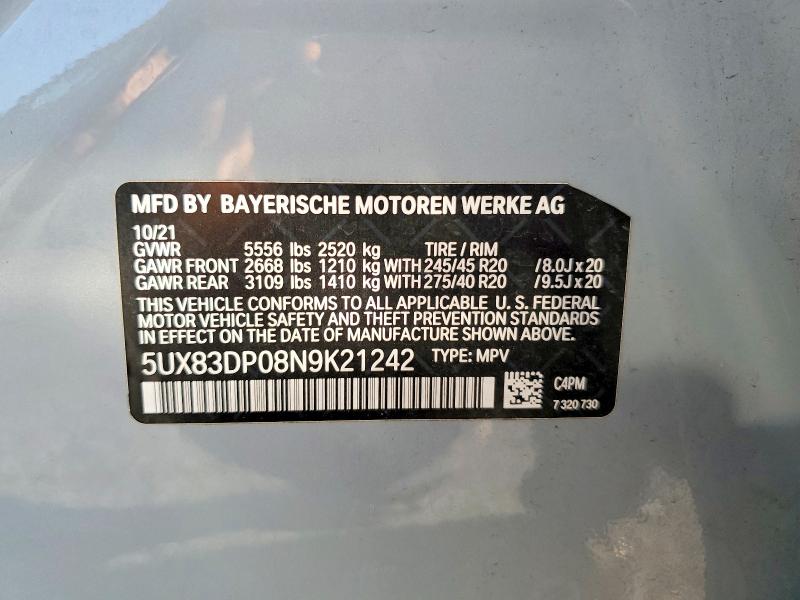 Aukcja sprzedaży 2022 Bmw X3, vin: 5UX83DP08N9K21242, numer aukcji: 67155786