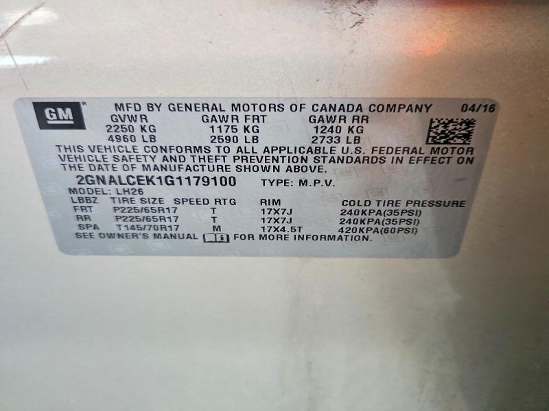 64809466 :رقم المزاد ، 2GNALCEK1G1179100 vin ، 2016 Chevrolet Equinox مزاد بيع