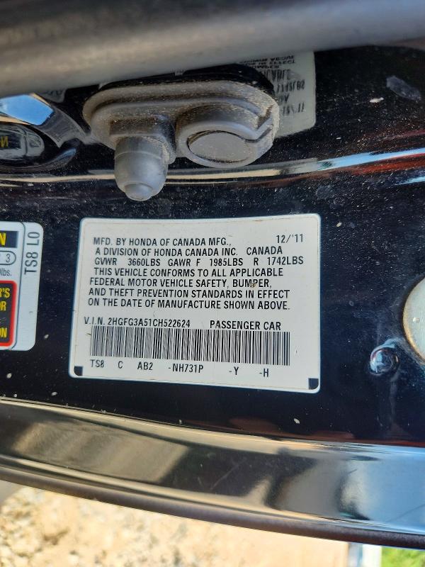 Aukcja sprzedaży 2012 Honda Civic, vin: 2HGFG3A51CH522624, numer aukcji: 64405906