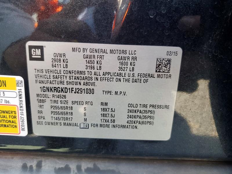 64329406 :رقم المزاد ، 1GNKRGKD1FJ291030 vin ، 2015 Chevrolet Traverse مزاد بيع